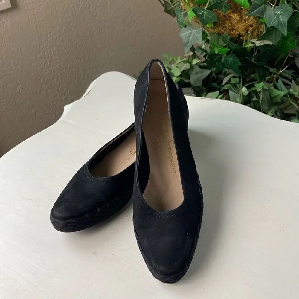 Salvatore Ferragamo Classic Black Suede Slip On Pumps Size 7.5